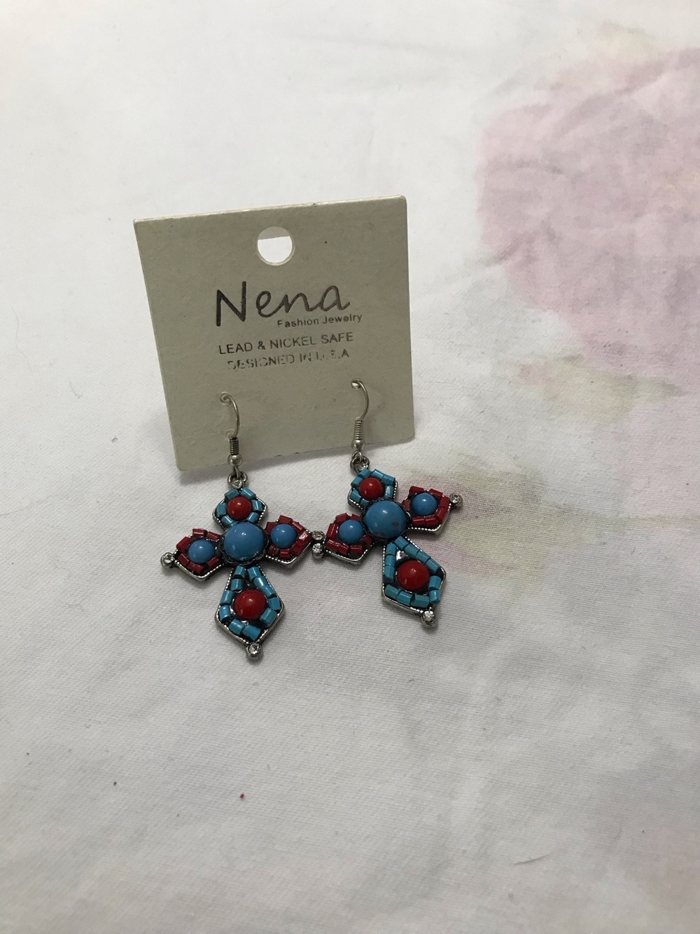 Nena Blue and Red Silver Tone Beaded Big Cross Dangle Statement Earrings